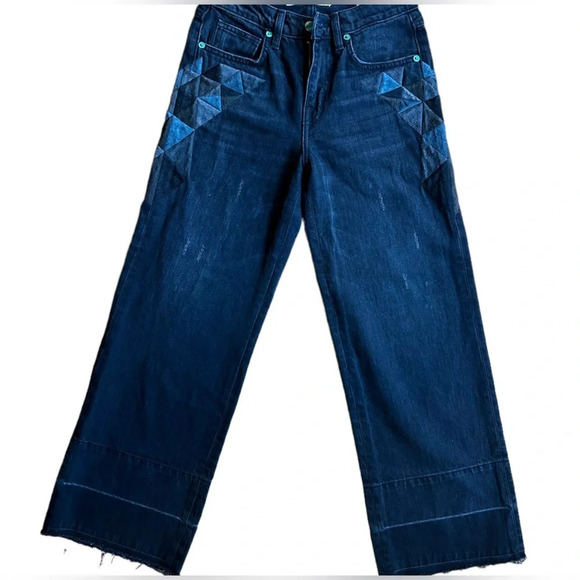 Free People Denim - Sandrine Rose Los Angeles black wide leg embroidered jeans size 24 Fray Hem